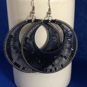 Round Beaded Web Design Dangle Earrings Dark Blue